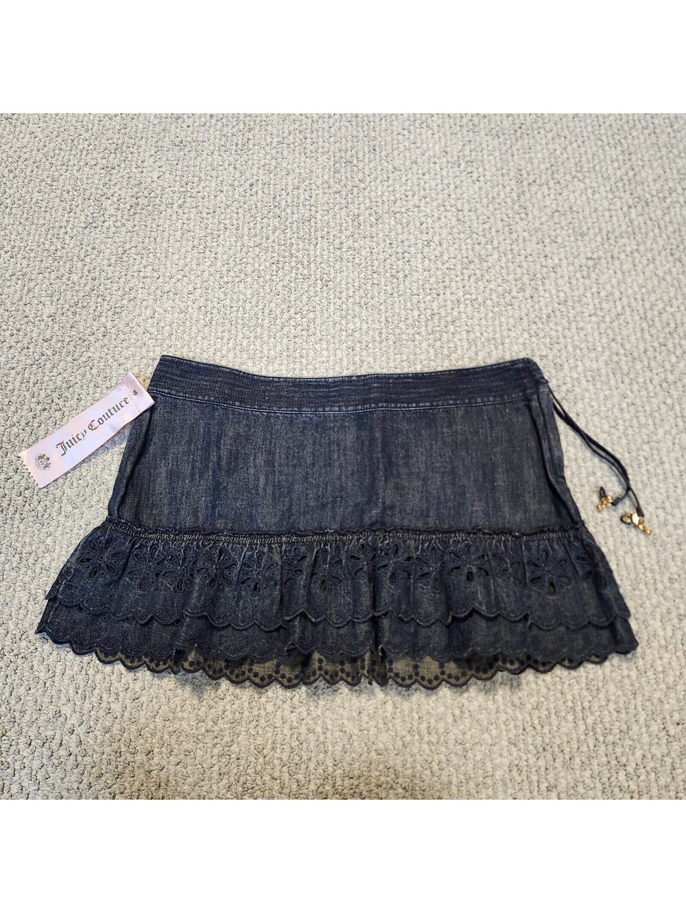 Juicy Couture Dark Denim Mini Skirt with Eyelet Lace Trim Size 29 NWT